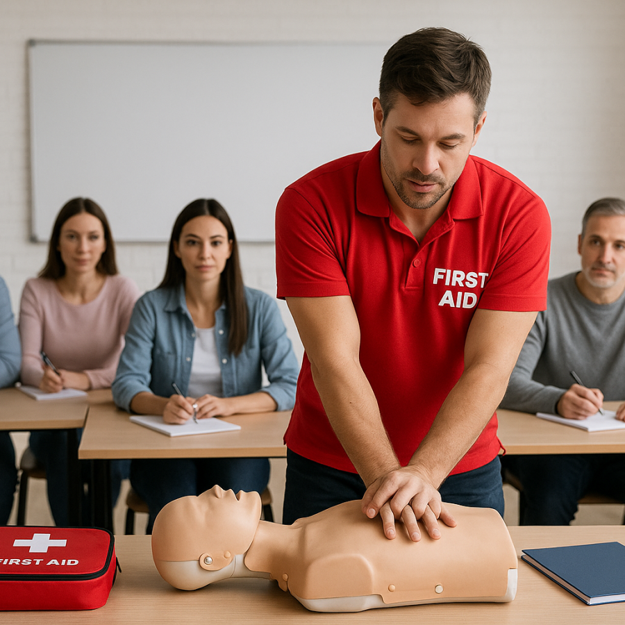 Instructor in a red 'First Aid' polo performs chest compressions on a CPR mannequin while four students observe and take notes in a classroom.