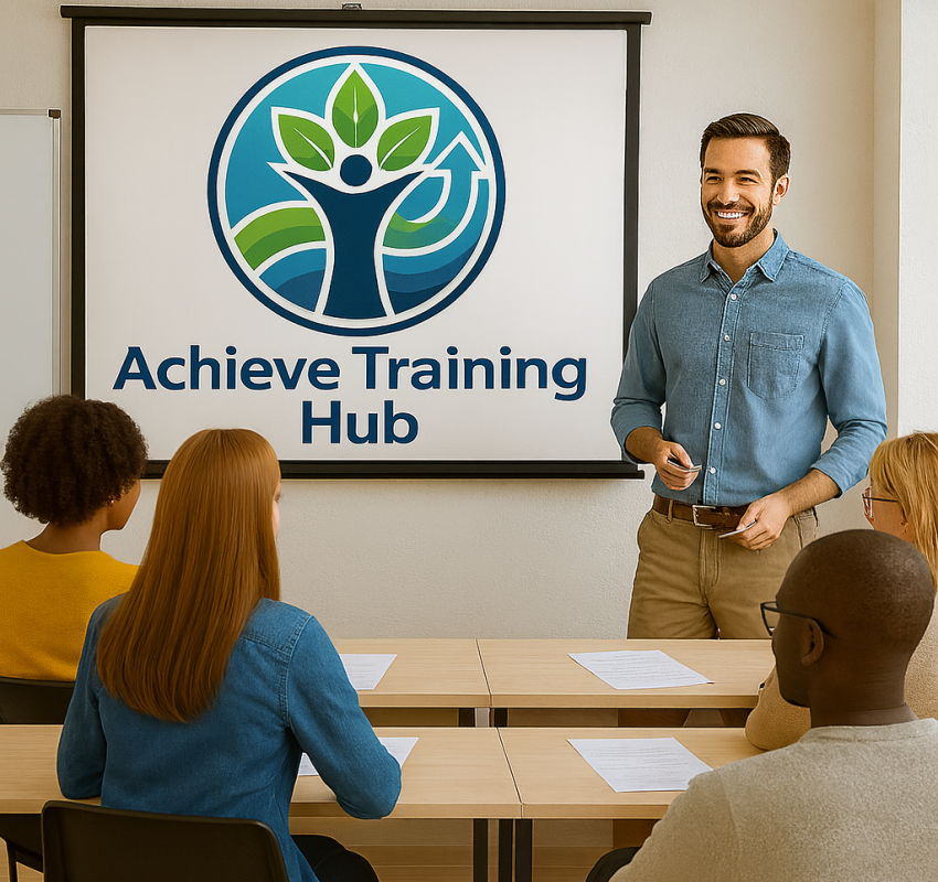 Trainer stands at front of classroom beside a screen reading 'Achieve Training Hub' with a circular logo, addressing a small group of attendees.